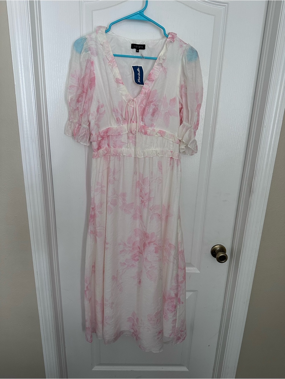 STATE Pink Floral Midi Dress Short Puff Ruffle Sleeve XS NWT
